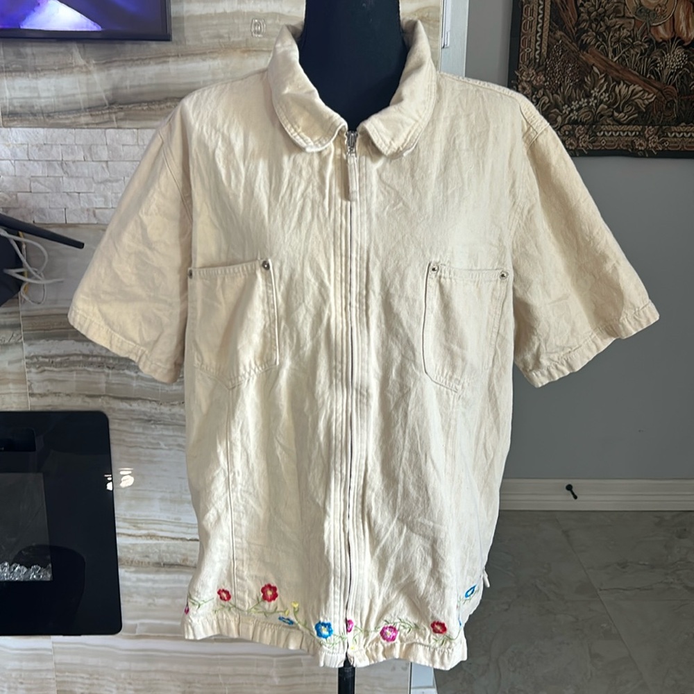 Denim & Co‎ Khaki Canvas Embroidered Short Sleeve Full Zip Jacket. Size XL (843)